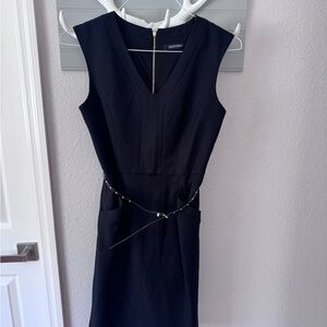 Ellen Tracy Black V-Neck Midi Sheath Dress with Studded Belt